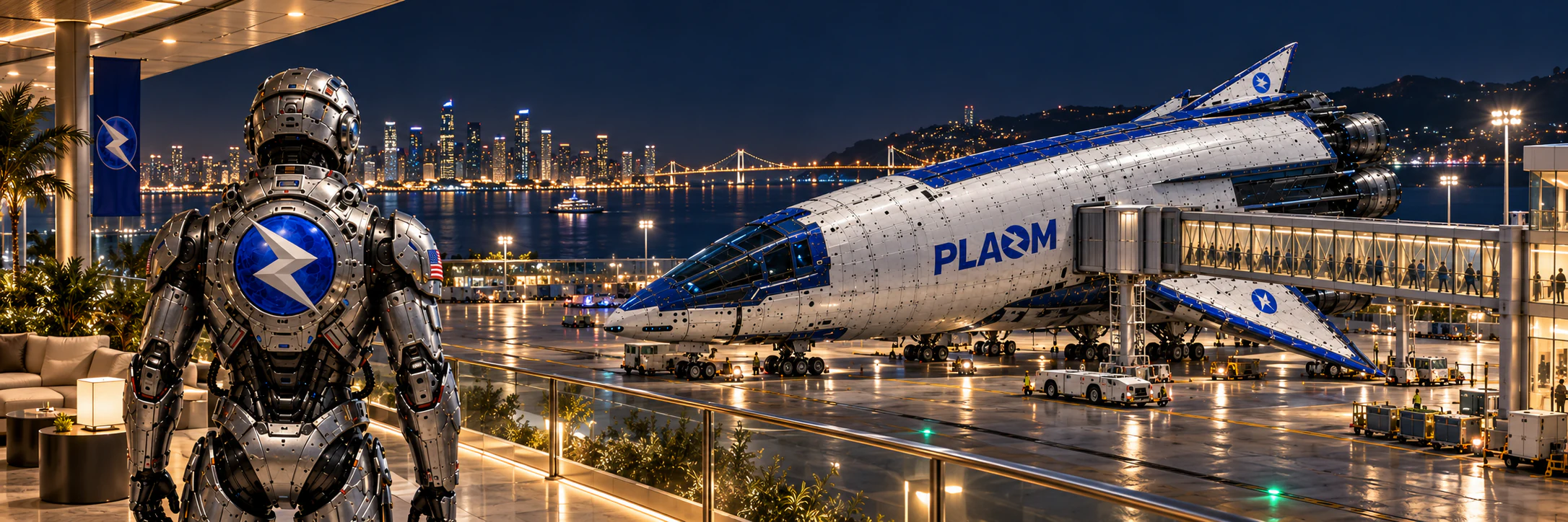 The Captain looks toward the PLAZM flagship from a coastal departure terrace at night. The blue emblem on his back faces us as the harbour city lights glow beyond the boarding bridge.